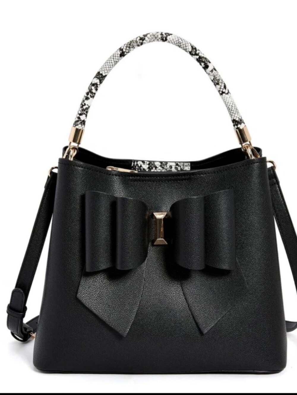 Black Bow-Accent Shoulder Bag with Snake-Print Top Handle